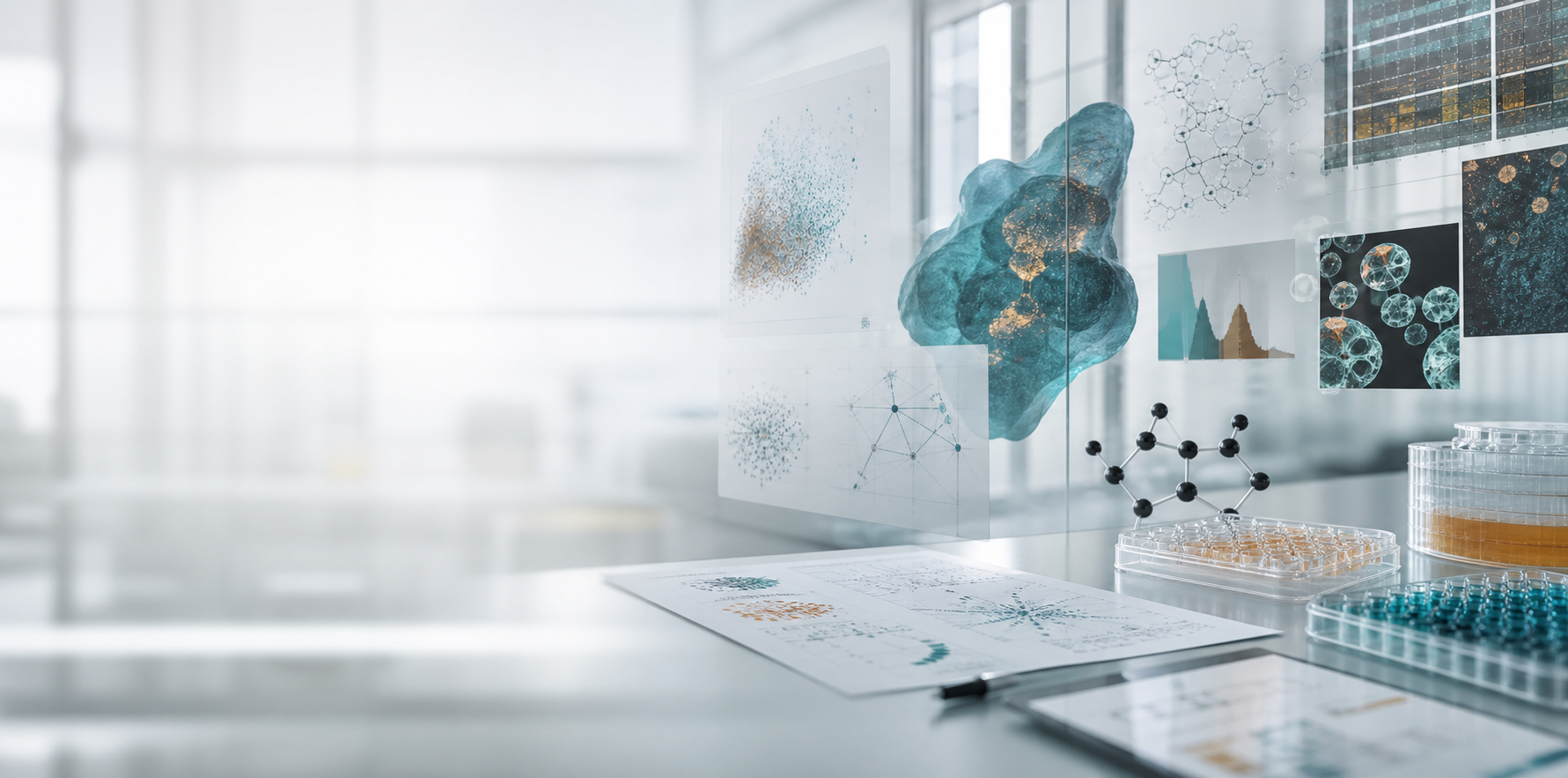 Biomedical data science workspace with microscopy, assay, and modelling visuals
